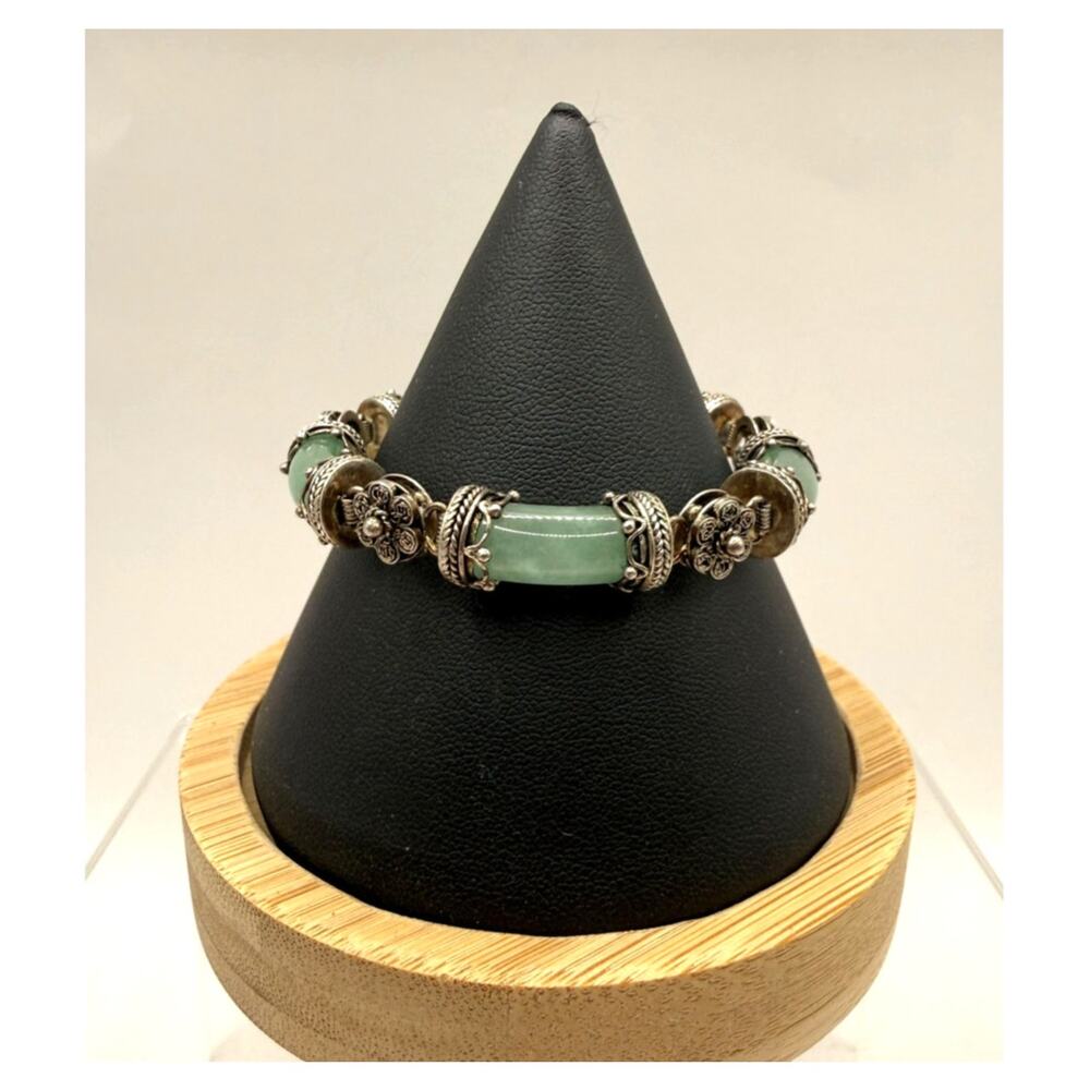 Vintage Green Jade 96 Stamped Silver Station Bracelet